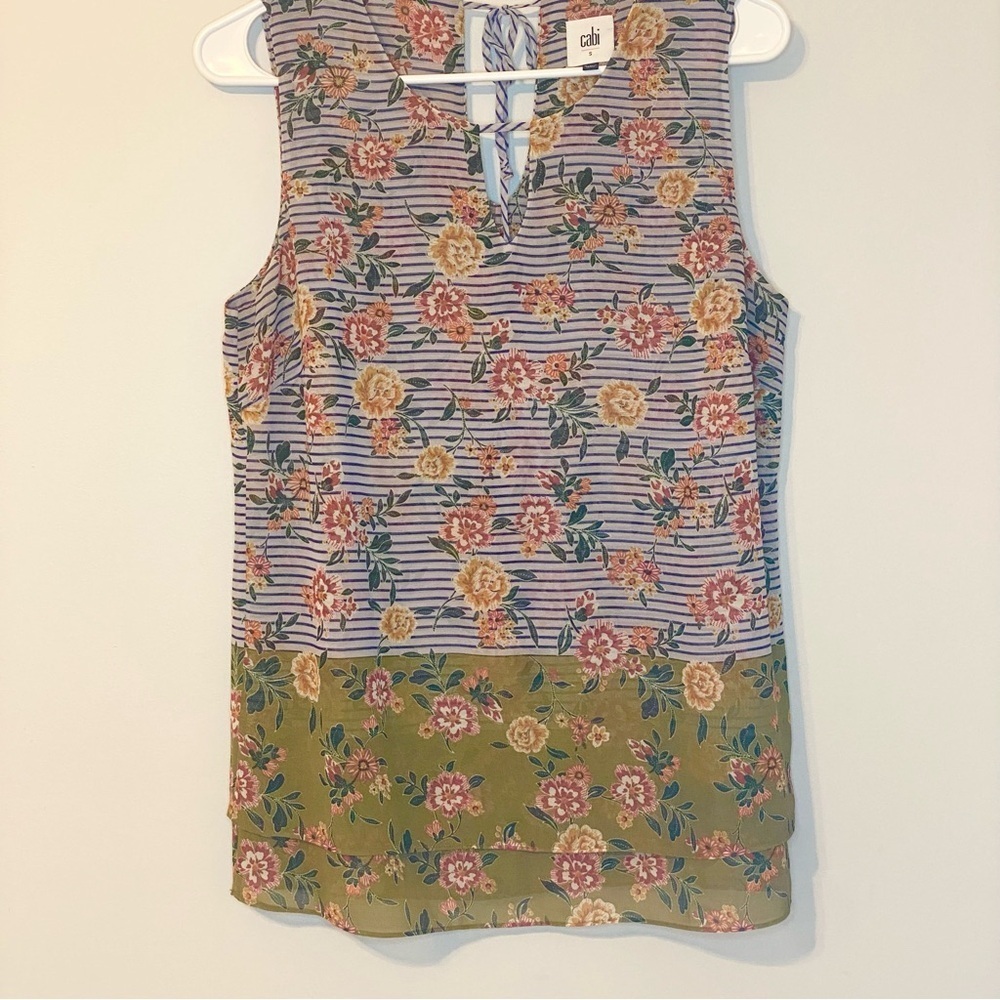 CAbi Blue and Green Floral Striped Blouse - Picture 3 of 7